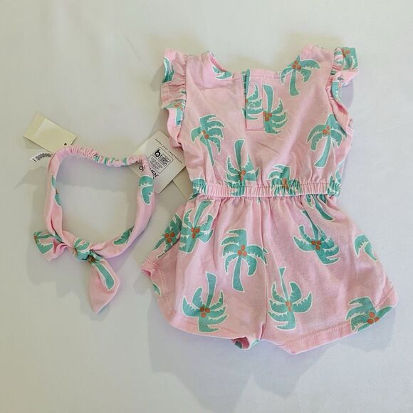 NWT Grayson Mini Baby Girl Romper Headband Newborn NB Pink Tropical Ruffle Boho - Picture 2 of 5